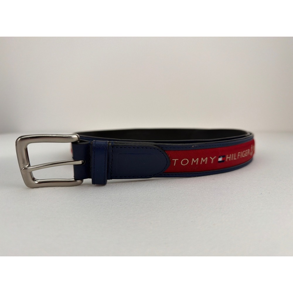 Tommy Hilfiger Belt Mens 44 Blue Red Leather Trim Nautical Anchor Preppy